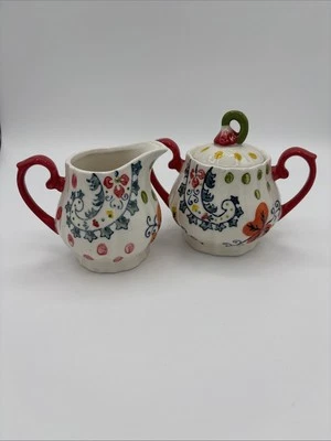 Pier 1 "Paisley" Sugar Bowl W Lid & Creamer White W Red Blue Yellow Orange - Image 1 of 4