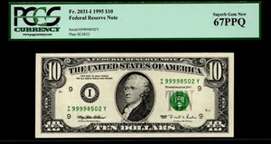 1995 $10 FRN MINNEAPOLIS. FR: 2031-I. PCGS: 67 PPQ. TOP TOP. FANCY & HIGH S/N. - Picture 1 of 2