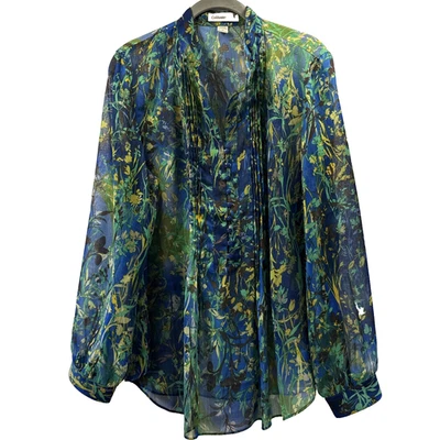 Blusa Top Coldwater Creek Mujer L Azul Verde Cachemira Forrada Popover Manga Transparente Foto 1 de 4