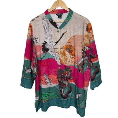 Blusa Top Citron Santa Monica Art to Wear Dragon & Cranes Mezcla Rayón XXL Foto 1 de 4