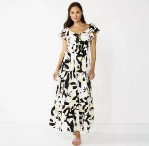 Nine West Flutter Maxi Tiered Dress Black Yellow White Size L Boho Coastal - Picture 1 of 11