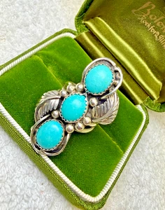 Vintage Navajo Sterlingsilber Türkis Ring 3 Steine Cluster Indianer Ha - Bild 1 von 11