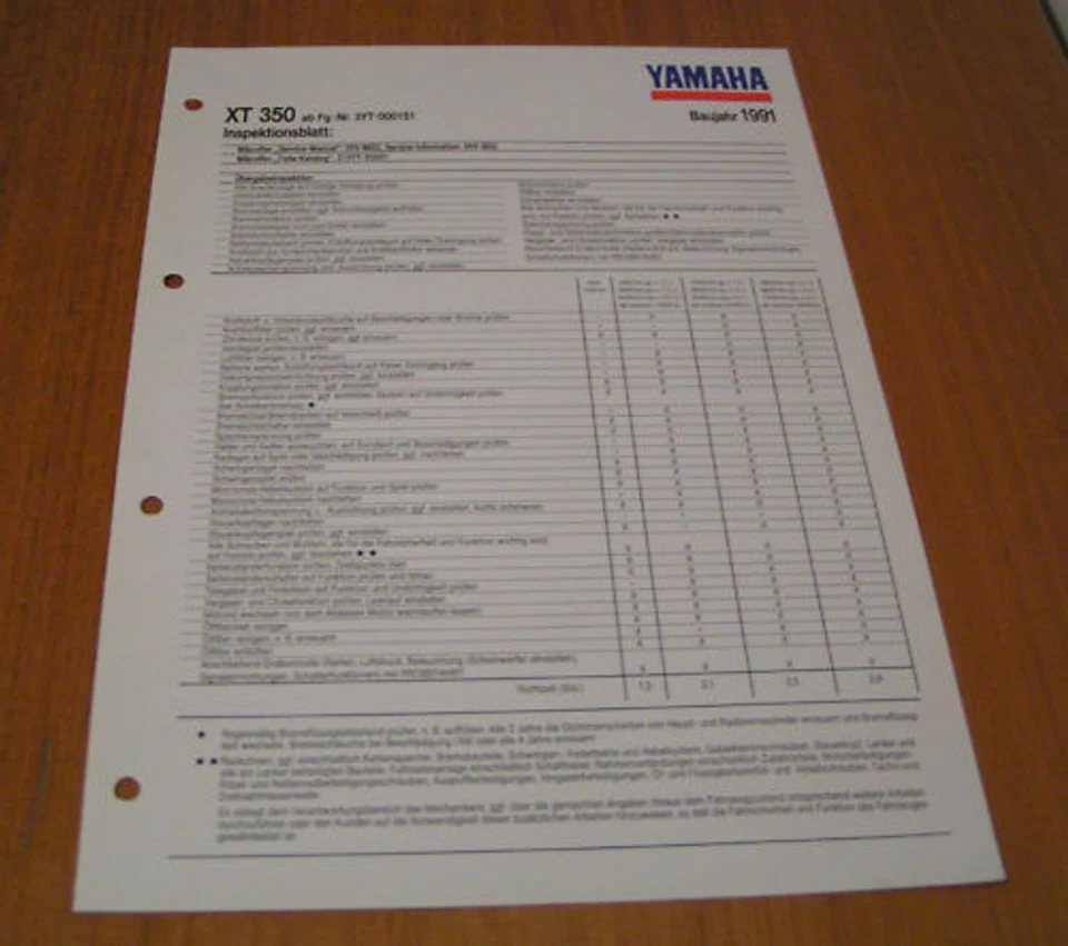 Hoja De Inspección / Datos De Servicio Yamaha XT 350 Enduro - Desde El Año 1991 - Imagen 1 de 1