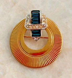 Vintage Boucher goldfarbene Brosche Gürtelschnalle Kreis Pin blau/klare Steine: EINE SCHÖNHEIT! - Bild 1 von 7