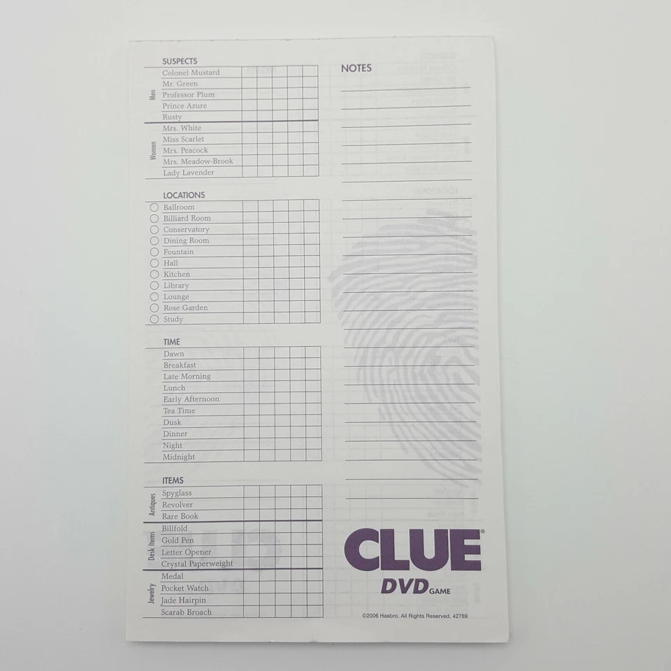 Clue DVD 60 Double Sided Score Pad Sheets Replacement Game Part 2006  - Image 1 of 4