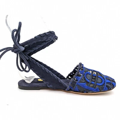 Jeffrey Campbell Navy Suede Embroider Lace Up Ballet Wrap Flats Womens 7 - Image 1 of 4