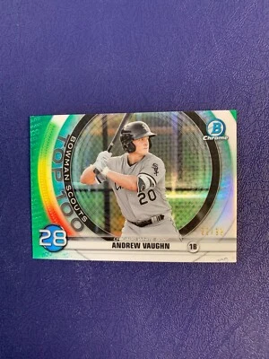 2020 Bowman Chrome #BTP-28 Andrew Vaughn Scouts Top 100 GREEN REFRACTOR /99 - Image 1 of 2