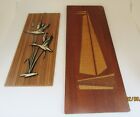 2 Danish midcentury Wall scuptures Teak Application wooden ship+ 1 cranes bamboo