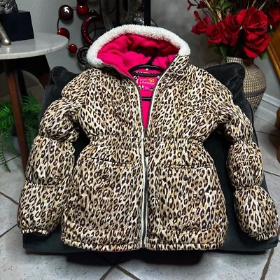Chaqueta Abrigo Rosa Platino Puffer Niña Estampado Guepardo Con Capucha Cremallera Completa Talla 6X Foto 1 de 4