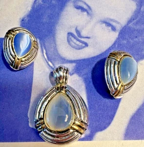 Silver/Gold-Tone Pendant & Earrings Set Moonstone Center -LARGE SETTING - Picture 1 of 8