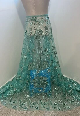 SEA FOAM Embroidery Sequins Lace Fabric 50” Width Sold By The Yard - Image 1 of 4