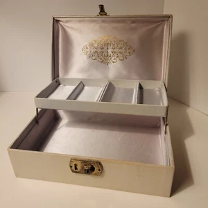Vintage mehrstufige Schmuckbox Riegel Deckel goldene Akzente Seide Innenraum Pastellfarben - Bild 1 von 12