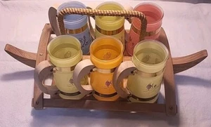 Siesta Ware 6 Piece Tiki Mugs With Carrier Wood Brass Pastels - Picture 1 of 7