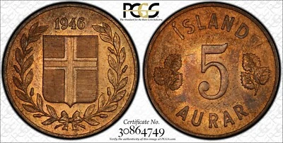 Iceland - 5 AURAR - 1946 - PCGS MS64 RB - Image 1 of 4