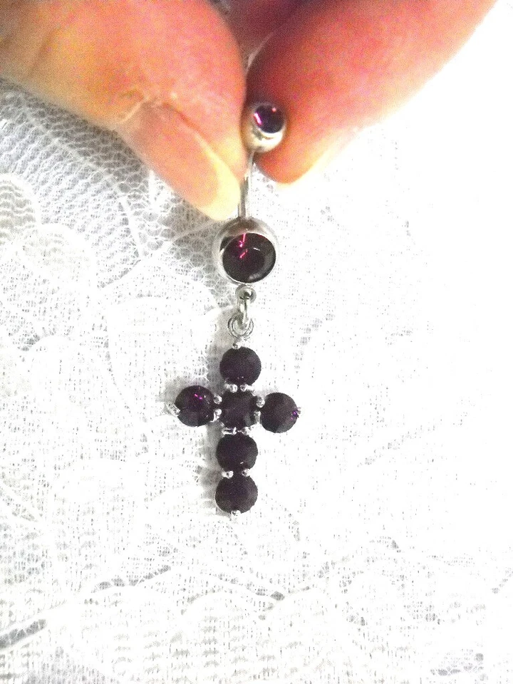 RICH PURPLE CROSS WITH DEEP PURPLE CZ STONES ON 14G CZ BELLY RING BARBELL - Image 1 of 1