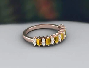 Natural Citrine and Diamonds Gemstone Half Eternity Band Ring 14k White Gold L52 - Picture 1 of 8