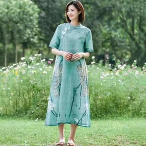 Fashion Women Cotton Linen Loose Beach Casual Summer Long Pockets Print Dress /M - Picture 1 of 6