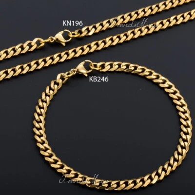 5mm 7-24" Mens Gold Tone Curb Cuban Necklace Bracelet Set Stainless Steel Chain - Image 1 of 4