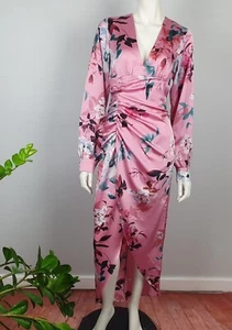 Vestido midi ajustado licoroso talla 8 fruncido fruncido cuello en V profundo manga larga rosa - Imagen 1 de 10