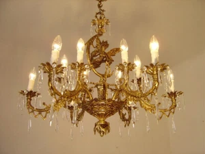 ANTIQUE FRENCH CHANDELIER CRYSTAL FAIRY FIGURE BRASS LIGHT 12 LAMPs Ø 32" - Picture 1 of 9