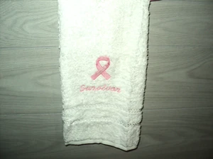 Breast Cancer Survivor Ribbon Embroidered Luxury White Hand Towel Support - Picture 1 of 5