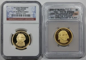 Pair of Proof Presidential Dollars, 2007-S Adams, Madison, NGC ICG PR70DCAM - Picture 1 of 2