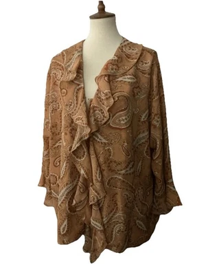 Blusa Milano Mujer 3X Beige Marrón Paisley Volantes Delantero y Mangas Forrada en Capas Foto 1 de 4