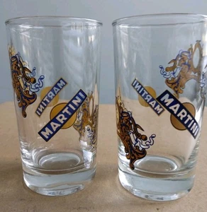 Martini Brand. 11 cm Glass Tumblers x 2. Blue & Yellow Retro Style. 6 cm Rim. - Picture 1 of 9