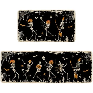 Halloween Skeleton Kitchen Mat Set of 2, Skull Halloween Kitchen Rug Indoor F... - Foto 1 di 7