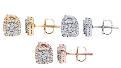 Aretes cuadrados con racimo de halo de diamantes reales de 0,3 quilates de oro de 10 quilates Foto 1 de 4