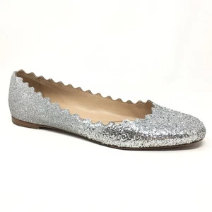 Chloe Lauren Scalloped Flats Shoes Womens Size 8.5 US 38.5 EU Silver Glitter - Picture 1 of 10