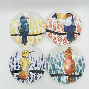 4 Pier 1 Tropical Bird 8 Inch Salad Plates Cockatoo Hummingbird Toucan Stoneware - Picture 1 of 8
