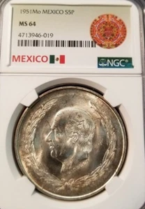 1951 MEXICO SILVER 5 PESOS HIDALGO NGC MS 64 HIGH GRADE LOW MINTAGE YEAR !!! - Picture 1 of 3