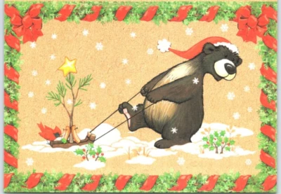 BEAR PULLING TREE ON SLED Current Christmas Greeting Card w/ Envelope MG59 - Image 1 of 3