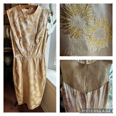 VTG Gold Metallic Brocade Floral Wiggle Cocktail Dress Small 50s 60s - Image 1 of 4