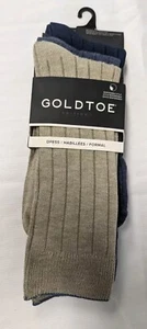 Pack of 3 Goldtoe Edition Blue & Tan Ribbed Crew Dress Socks Size 6-12.5 (New) - Picture 1 of 4