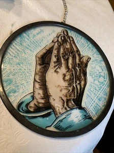 Vintage betende Hände religiöser Kreis doppelseitig hängend Sonnenfänger Hongkong  - Bild 1 von 4