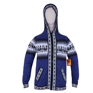 MEN HANDMADE ANDEAN ALPACA LIGHT BLUE ZIP HOODIE SWEATER SZ L - Picture 1 of 8