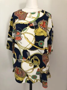 Vintage Damen Bluse Kette Schal Print Italian Style Größe L Kurzarm Karriere - Bild 1 von 5