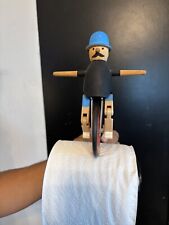 1988 Cycling Man TOILET PAPER ROLL Wood Cyclist Holder Dispenser RARE!!