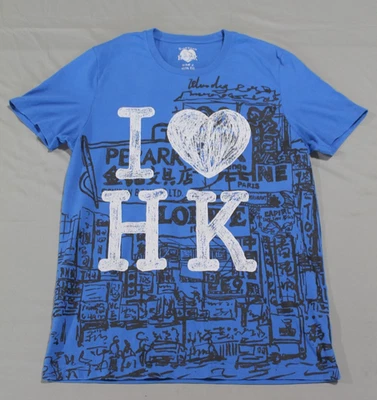 Camiseta masculina Giordano grande fina azul I coração Hong Kong I Love HK 100% algodão - Imagem 1 de 4