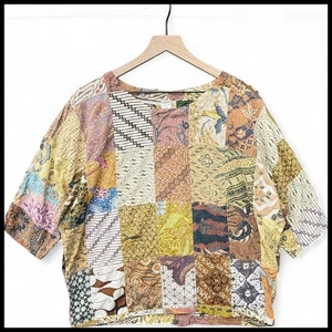 Artisan Batik Patchwork Top Boatneck 3/4 Sleeve Artsy Lagenlook Boho Womens S M - Picture 1 of 9