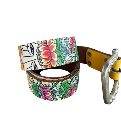 Ed Hardy Yellow Tattoo Floral Handmade Leather Belt Size Medium  - Image 1 of 4