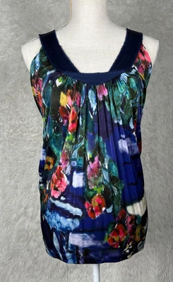 Blusa Top Alberta Ferretti Talla US4 Azul Multi Floral Sin Mangas Seda Italia Foto 1 de 4