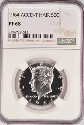 1964 ACCENT HAIR Kennedy Half Dollar Proof NGC PF 68 PR68 Frosty Silver Coin 50C - Image 1 of 2