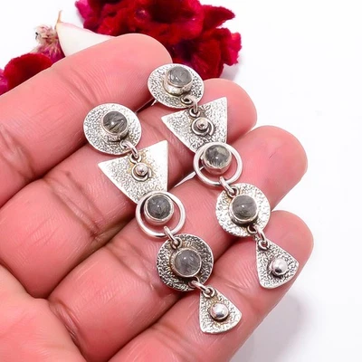 Black Rutilated Quartz 925 Sterling Silver Earring 1.95" Su52, Christmas Gift - Image 1 of 4
