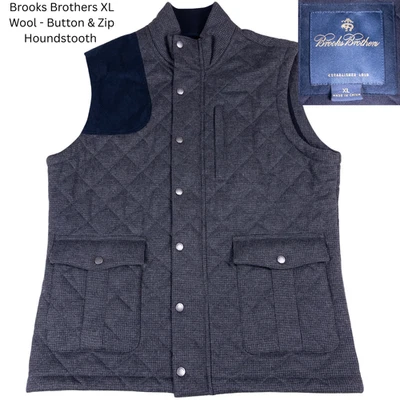 Brooks Brothers XL Quilted Wool Vest Gray Houndstooth Navy Suede Shooting Patch - Image 1 of 4