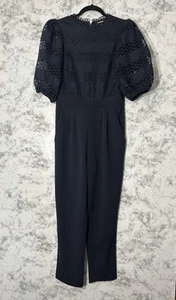 EXPRESS Navy Jumpsuit Size S Lace Inset Puff Sleeve Pockets Women  EUC - Picture 1 of 16