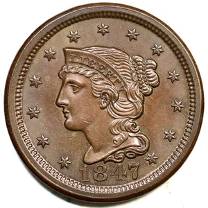 1847 N-24(b) Braided Hair Large Cent Coin 1c - Picture 1 of 2