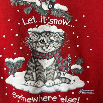 Sudadera De Colección Kitty Cat Let it Snow Cuello Rojo Blanco Talla S Hecha en EE. UU. Foto 1 de 4
